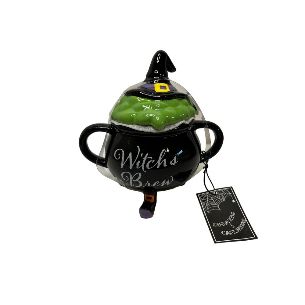 Halloween decor WITCH'S BREW 3 legged mug, jar with lid NEW Cobweb & Cauldron